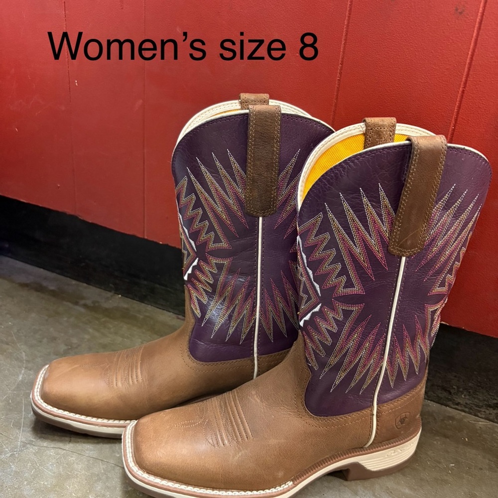 Ariat Heeled Boots in Brown and Purple with Geometric Stitching